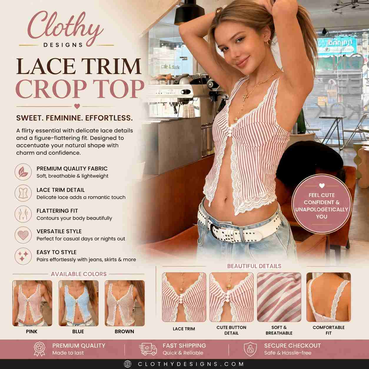 Women's Striped Lace Trim Tank Top – Sleeveless Front Split Y2K Summer Beach & Festival Top